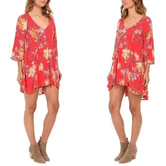 Free People Boho Flared Mini Dress Women Size 4 Red - Picture 14 of 15